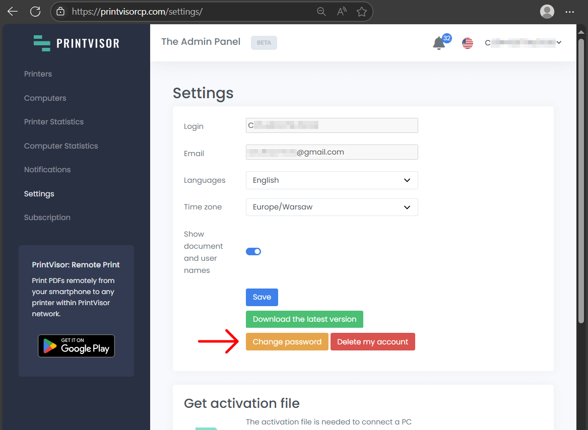 PrintVisor Admin Panel settings with Change password button PrintVisor Admin Panel settings with Change password button