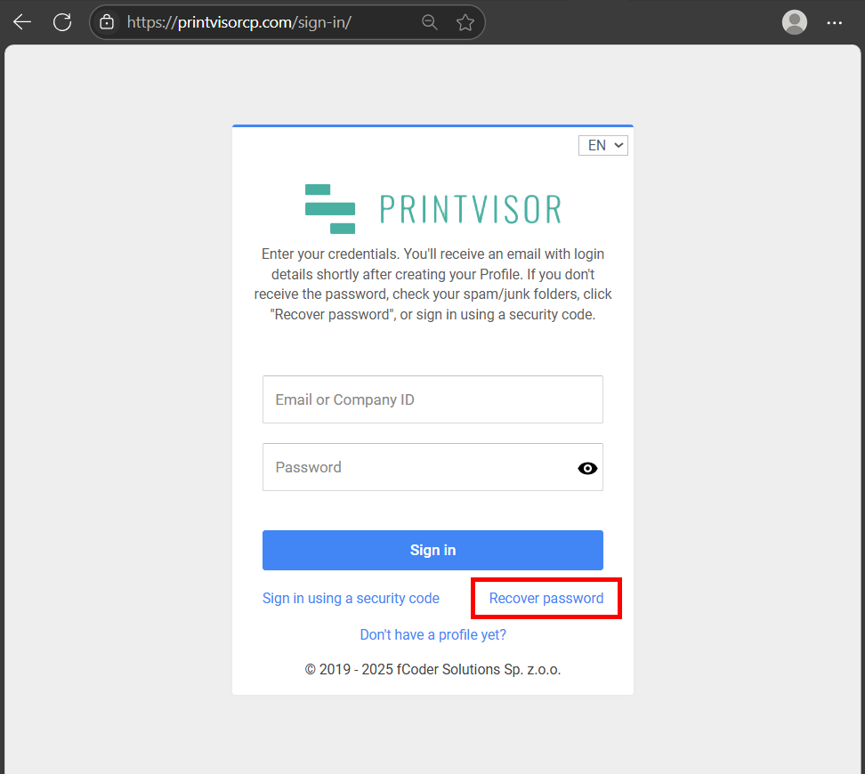 PrintVisor login page with recover password and security code links PrintVisor login page with recover password and security code links