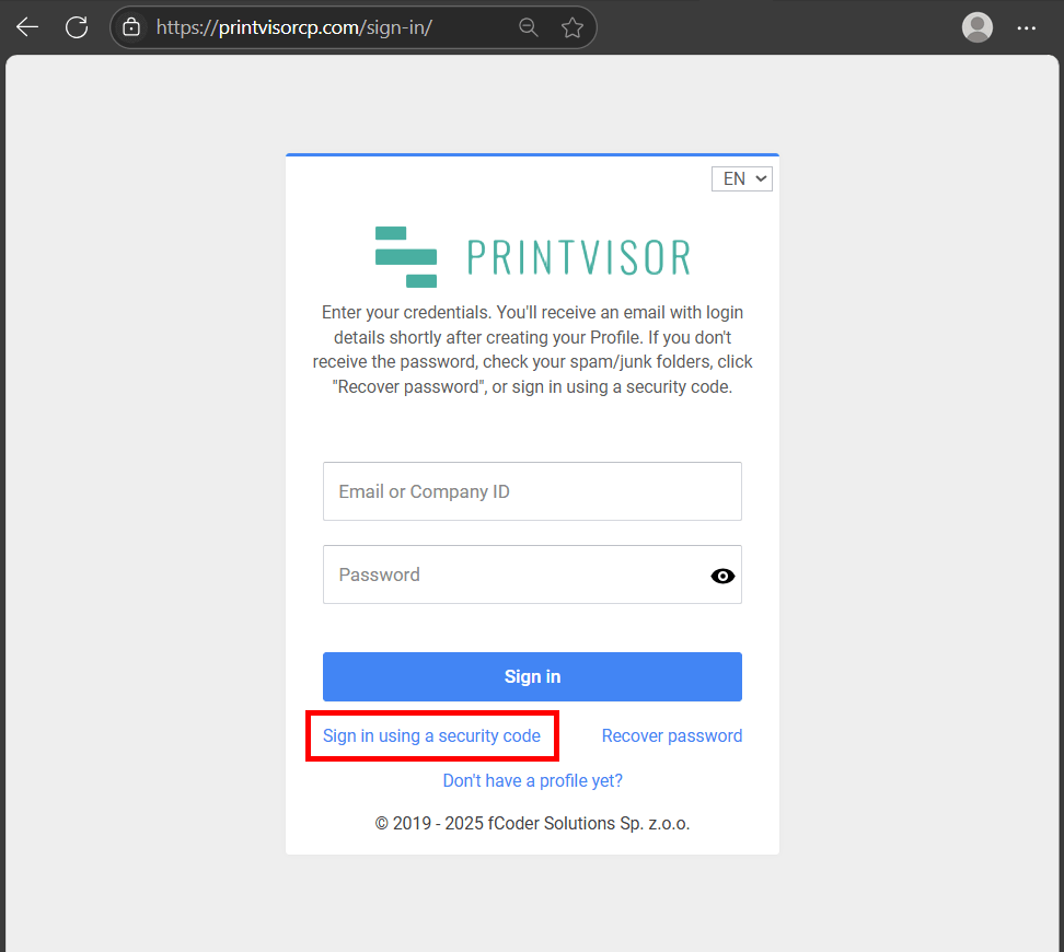 Log in PrintVisor Admin Panel using a security code Log in PrintVisor Admin Panel using a security code