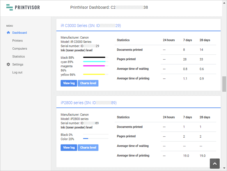 Monitor your printing from PrintVisor's web dashboard